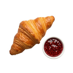A single golden-brown flaky croissant with intricate laminated layers and a white ramekin of vibrant raspberry jam, isolated on a transparent background, soft diffused light, concept of culinary