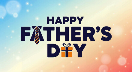 Happy Father's Day: Celebrating with Necktie and Gift Icons on a Blue-Orange Bokeh Glow Honoring Dads Everywhere