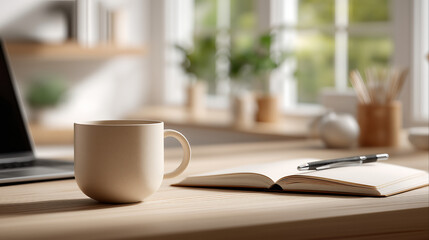 modern-home-office-desk-setup-clean-minimalist-ceramic-mug-open-notebook-pen-laptop-natural-sunlight-green-plants-bright-environment-productivity-calm-workspace-creativity