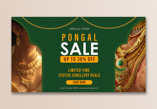 Editable Pongal Festival Sale TV Ads Banner with Thirty Percent Discount Offer on Gold Jewellery in Green Color Theme.
