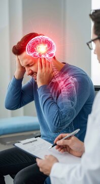 Man experiencing severe headache with glowing brain and spine illustration. Neurology and brain health. Concept of migraine, pain, and neurological disorder.