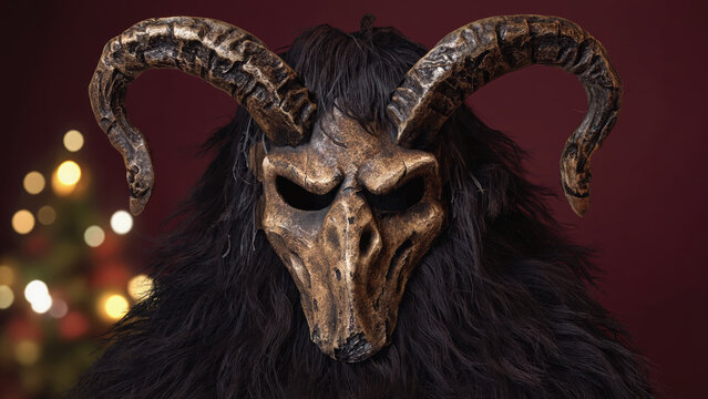 Krampus emerging from a fiery, misty abyss, showcasing his fearsome, horned visage, piercing red eyes, and menacing teeth, symbolizing European Christmas tradition and mythical horror