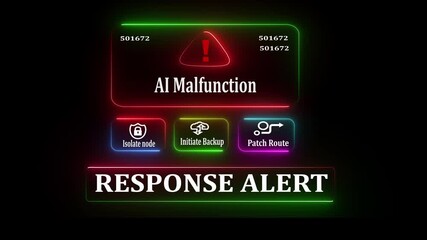 Al Malfunction response notification on digital interface in data center server room with isolate node initiate backup patch route options animation on black background.