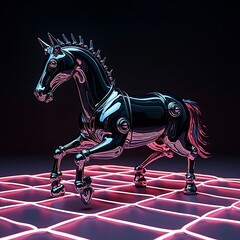 Futuristic Horse Trotting on Glowing Grid, Shiny Metal Animal