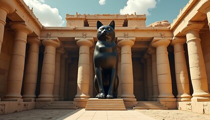 Giant Cat Statue Sitting Inside Ancient Building with Columns
