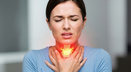 Woman feeling sore throat with digital visualization of pain. Medical issue highlighting throat infection and discomfort for healthcare concept.