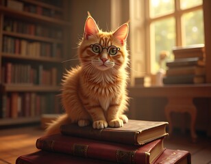 Ginger Cat Wearing Glasses Sitting on Books