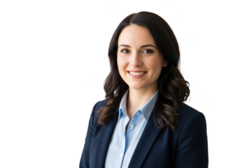 high quality, professional, portrait, smiling woman, long brown hair, navy blue suit jacket, white blouse, golden necklace, warm lighting, soft focus, artsy, photorealistic
