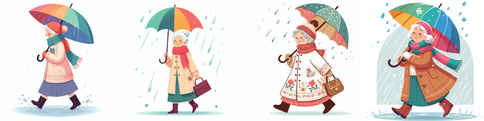 vector of grandmother walking with umbrella in the rain