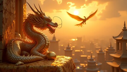 Golden Dragon Statue Watching Bird Fly Over City at Sunset