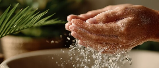 Fototapeta premium Hands washing with running water in soft natural light