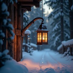 Hanging Lantern Illuminating Snowy Winter Path at Dusk