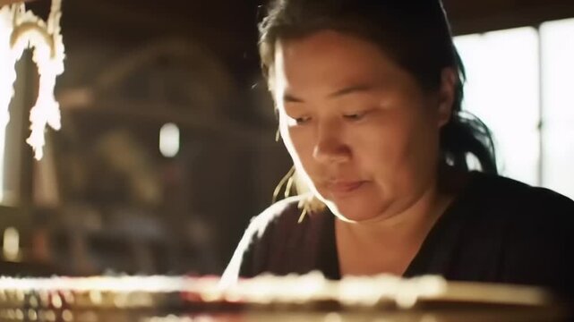 Woman weaving at loom.