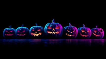 Sinister carvings: a group of wickedly lit jack o lanterns. Cinematic glow. Menacing glow: subtly varied spectral pumpkins in a mysterious setting. Futuristic design. Acid colors.