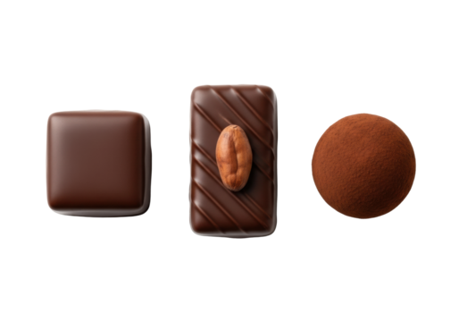 Three distinct artisanal dark chocolates (glossy square, textured bar with cocoa nib, cocoa dusted truffle) on a seamless transparent background, 45-degree top-down, no shadows. Concept of culinary