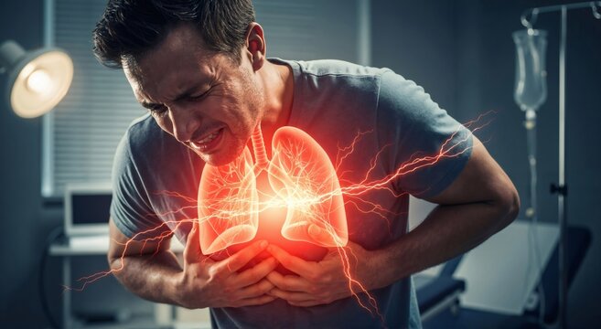 Man with severe chest pain holding his chest, showing glowing lungs. Respiratory illness concept, lung disease, breathing problems.