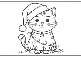 Adorable Christmas Cat with Santa Hat and Festive Lights Line Art for Kids Coloring Book Page Activity, Perfect for Holiday Season Fun