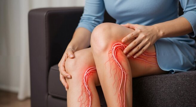 Woman experiencing knee and leg pain with visible nerves. Medical visualization of joint discomfort and nerve inflammation. Healthcare concept.
