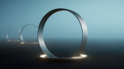 Metallic ring structures aligned along a path into a digital void, 3D-rendered with with a mesh surface and no visible seams. Conceptual background.