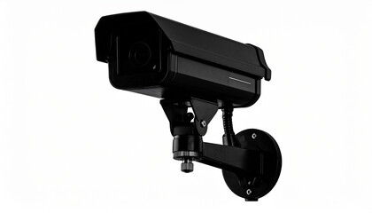 Black silhouette of wall-mounted surveillance camera with adjustable arm on white background.