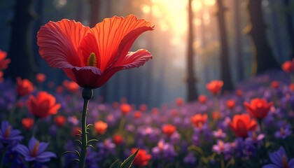 Red Flower Blooming in a Field of Wildflowers at Sunset
