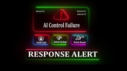 Al Control Failure response notification on digital interface in data center server room with isolate node initiate backup patch route options animation on black background. - Powered by Adobe