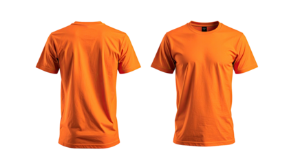 Two orange t-shirts, front and back, solid background