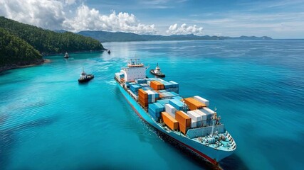 Freight ship moving slowly into harbor with tugboats guiding it safely to the dock