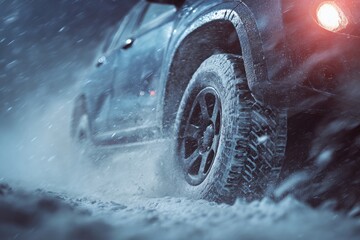 SUV tire rolling through heavy winter snowfall