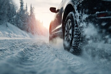 Winter tire driving through deep snow road