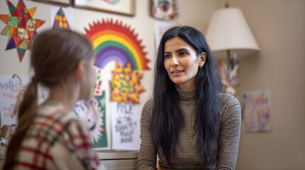 Arabian female school counselor speaking calmly to young student in a colorful school counseling office with playful art. Warm, protective atmosphere.