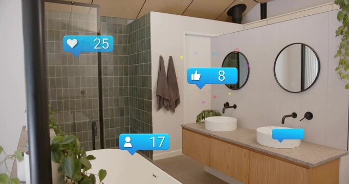 Modern bathroom showing blue alert bubbles appearing on engagement, floating over tub shower vanity