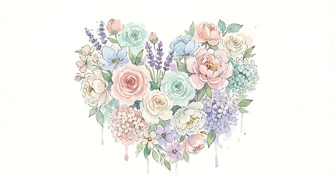 Watercolor heart shape made of pastel colored flowers like roses, peonies, and lavender, isolated on white background for romantic design