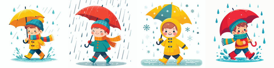 vector of little boy walking with umbrella in the rain