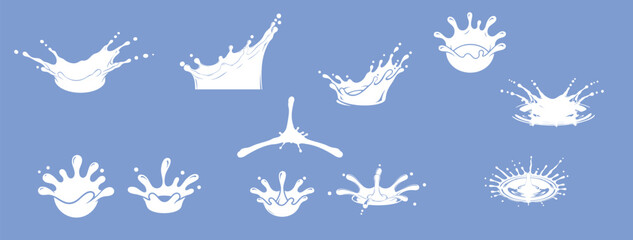 Milk Splash Icons. White liquid stains of various shapes, falling milky drop blots and round spatter stains. Vector yoghurt and milkshake grocery logo layout set