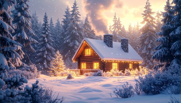 Old rural village house or wooden cabin covered in white frost and deep snow, surrounded by a winter forest landscape with tall pine trees under a cold sky, perfect for a Christmas season image
