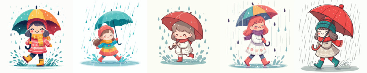vector of little girl walking with umbrella in the rain