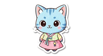 Obraz premium Cute Blue Cartoon Cat Wearing Pink Dress on White Background