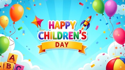 Children’s Day wallpaper with bright sky, colorful text, balloons, confetti, and playful icons