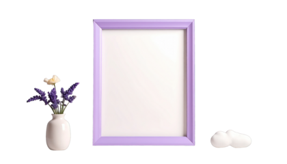 A lavender framed blank print next to a vase of flowers and two white stones, on black