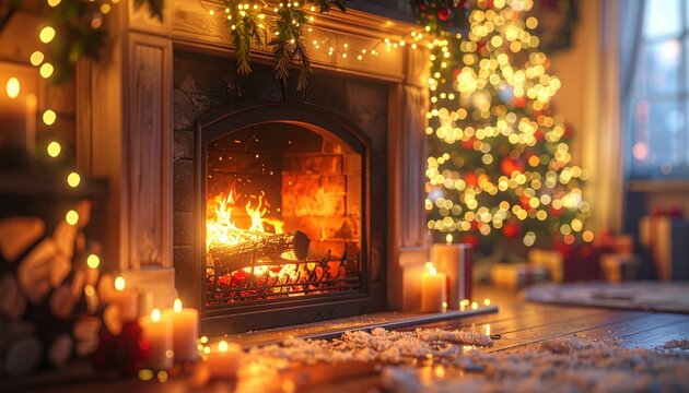 Bright glowing flames heat a Christmas night celebration background with a holiday star-topped tree by the fireplace