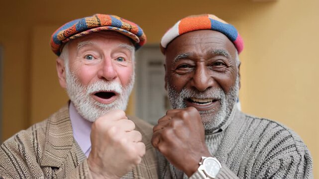Two joyful elderly men with colorful hats express excitement and camaraderie, showcasing their enthusiasm with raised fists, as the camera smoothly zooms in on their cheerful faces