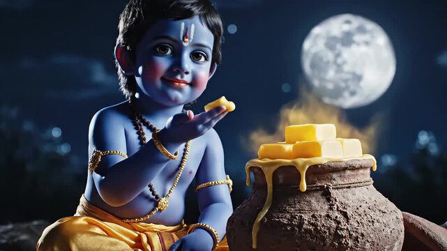 Adorable Little Krishna Joyfully Eating Butter at Night.