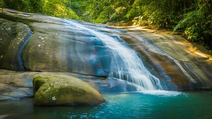 Beautiful waterfall flowing over rocks into clear blue pool in lush forest