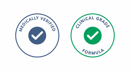 Medically Verified and Clinical Grade Formula quality guarantee stamps on white background