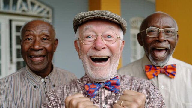 Group of elderly men celebrating joyfully, showcasing expressions of happiness and excitement, with vibrant bow ties and cheerful gestures, camera zooms in on their faces