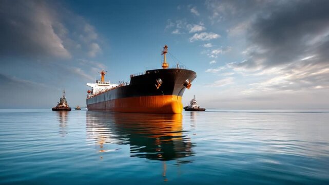 Freight ship moving slowly into harbor with tugboats guiding it safely to the dock