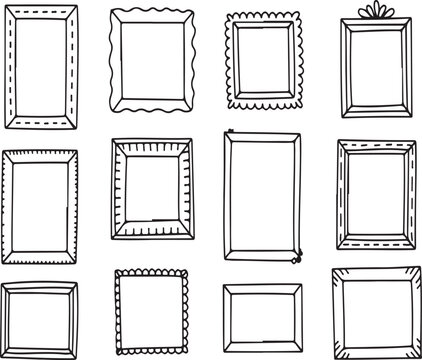 Collection of Twelve Hand-Drawn Doodle Picture Frames and Borders