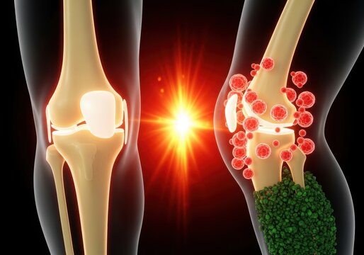 Healthy knee versus arthritic knee with inflammation and cartilage damage