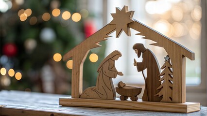 Wooden Nativity Scene with Holy Family and Bokeh Background  © DND